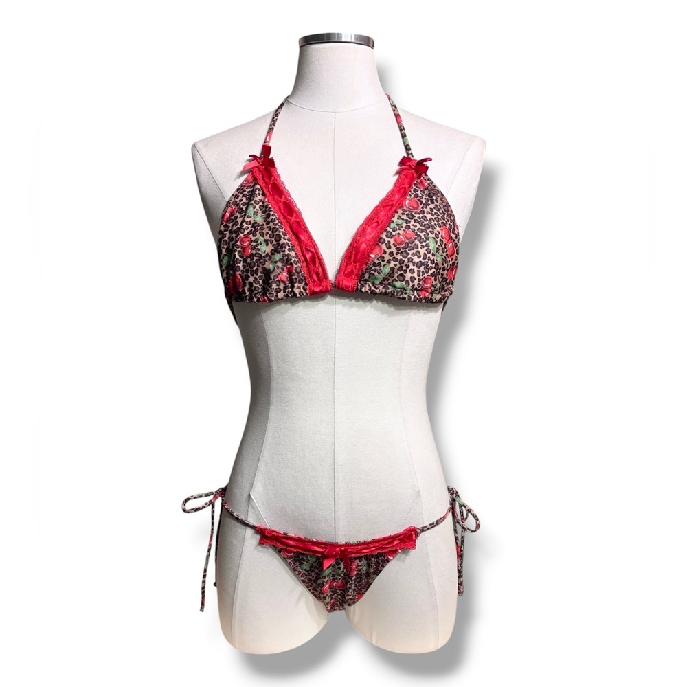 MUSERA Red Lace Trim Cherry & Leopard Print String Bikini Mixed Size L/XS